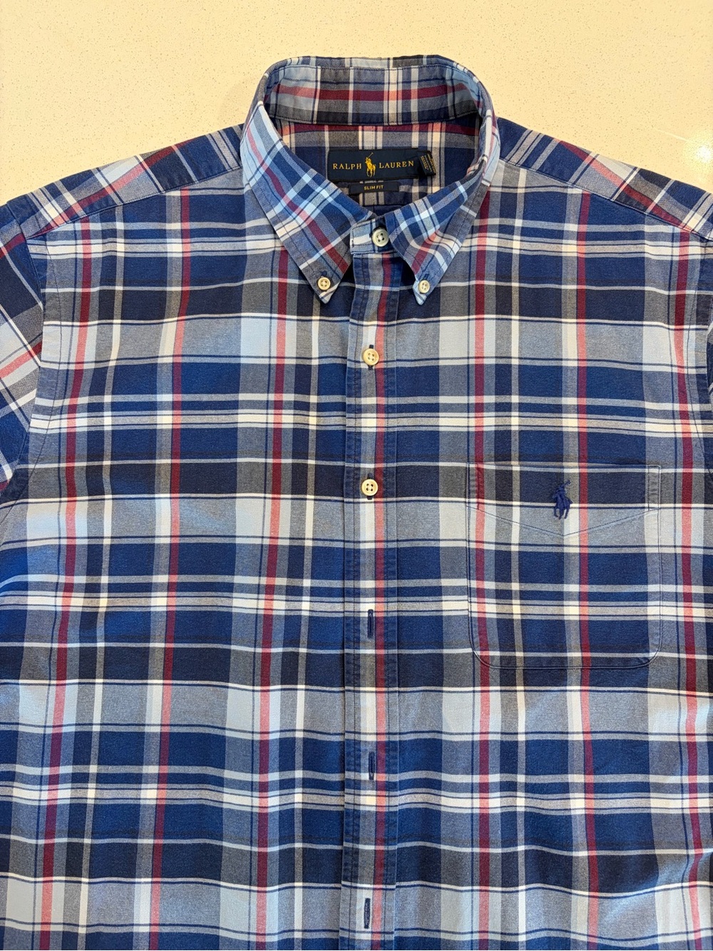 Ralph Lauren Men's Navy & Light Blue Plaid Button-Down Shirt with Red Accents